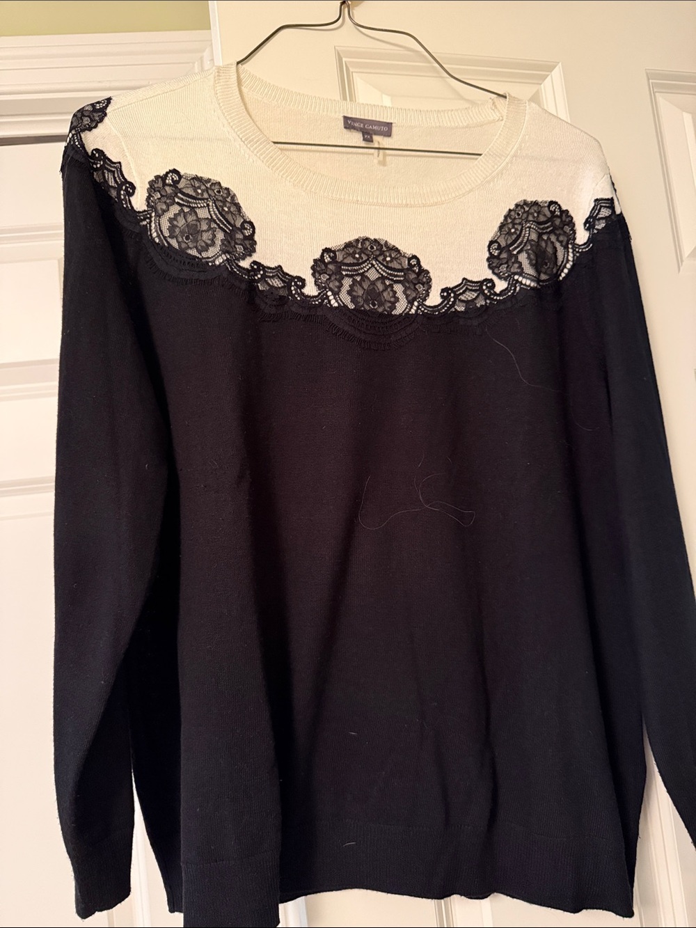 Vince Camuto Cream and Blavk Knit Top with Black Lace Detailing
